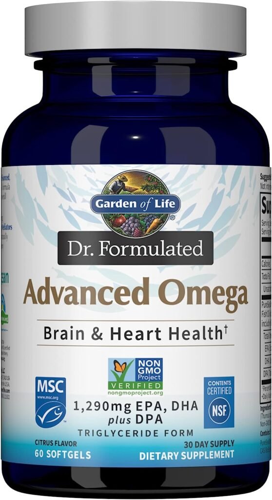 Garden of Life Dr. Formulated Advanced Omega Fish Oil - Lemon, 1,290mg EPA, DHA + DPA in Triglyceride Form, Single Source Omega 3 Supplement for Ultimate Brain  Heart Health, Non-GMO, 60 Softgels