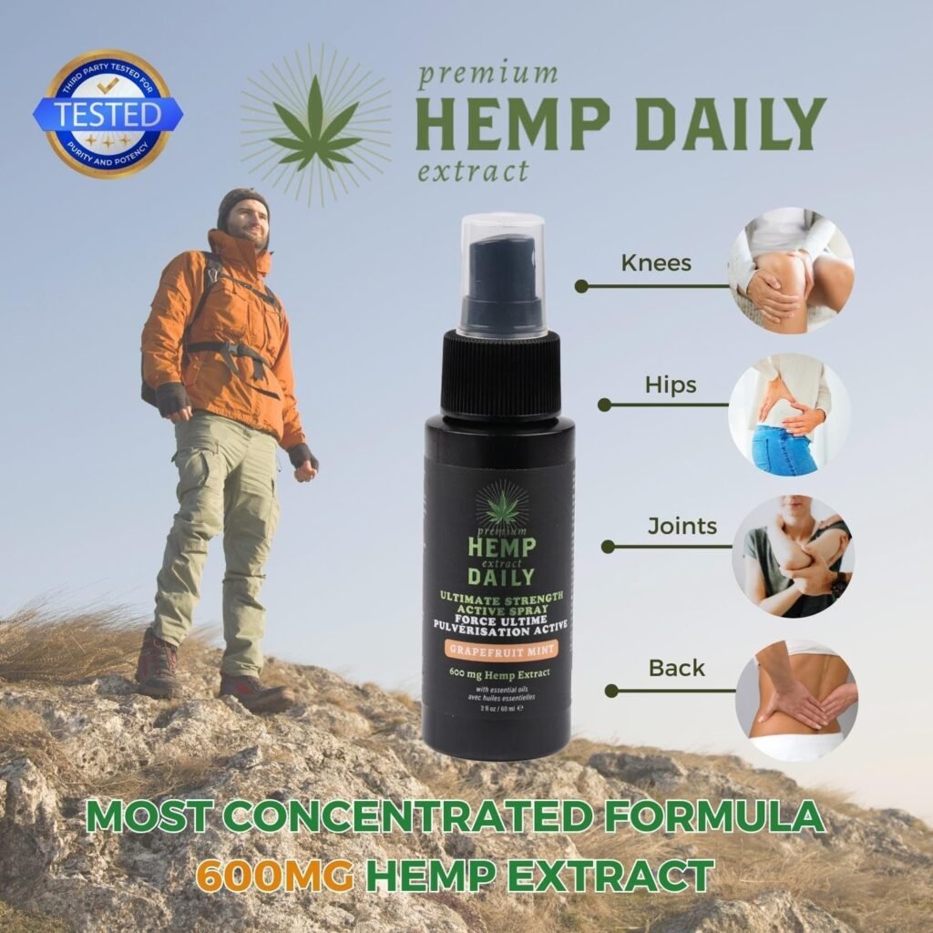 Earthly Body Hemp Daily Ultimate Strength Active Spray | Muscles, Joints, Back and Knee Hemp Spray with Essential Oils | Vegan, Organic Ingredients | Grapefruit Mint, 2 Fluid Ounces