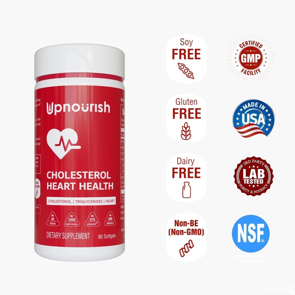 UpNourish Citrus Bergamot Cholesterol Supplement 120ct - Triglyceride Support with Plant Sterols, CoQ10, Omega 3, Olive Leaf Extract, Turmeric Curcumin, Black Garlic, Sterols and Stanols Supplement