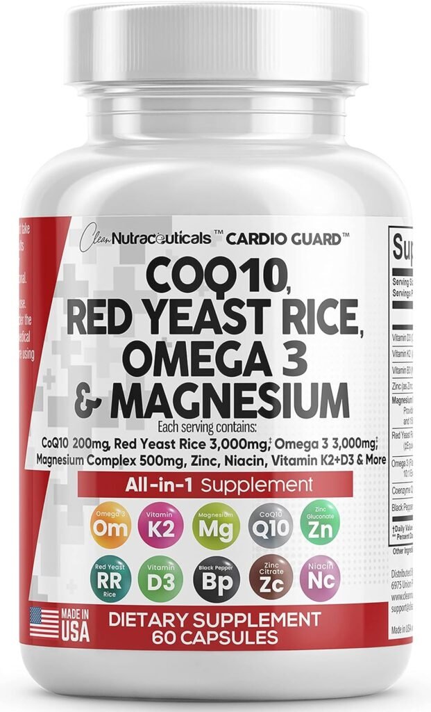 Clean Nutraceuticals COQ10 200mg Red Yeast Rice 3000mg Omega 3 3000mg Magnesium Complex 500mg Niacin Zinc Vitamin K2 D3 B3- Heart Health Support Vitamins for Women  Men with Coenzyme Q10-60 Ct