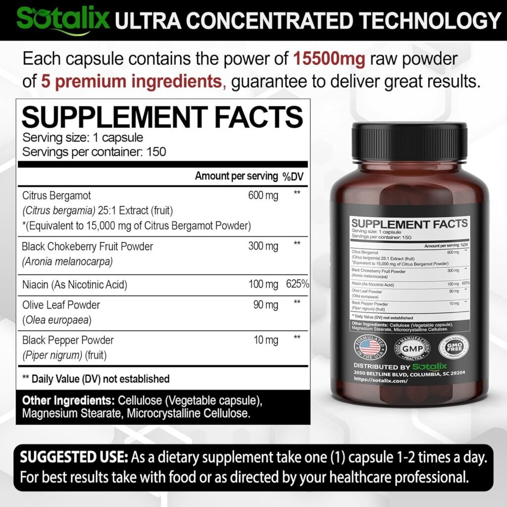 Premium Citrus Bergamot 15500 mg Organic Bergamot Supplement with Niacin Black Chokeberry Olive Leaf Black Pepper - Heart  Circulatory Function Support 150-day Support (150 Count (Pack 1))