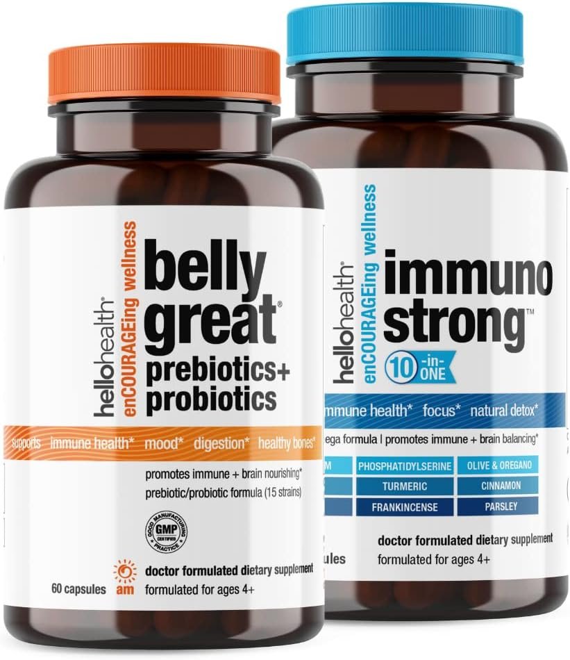 The Power Couple Herbal Supplements Duo Belly Great Prebiotics and Probiotics for Gut Health + Immunostrong 10-in-1 Daily Immune Support Supplement + soothing Antioxidant Turmeric, Omega 3, Vitamin D3